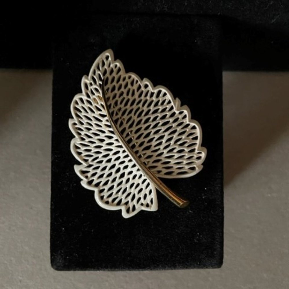 Monet Gilded Gold and White Enamel Fossil Leaf Brooch 70's Runway Book Piece